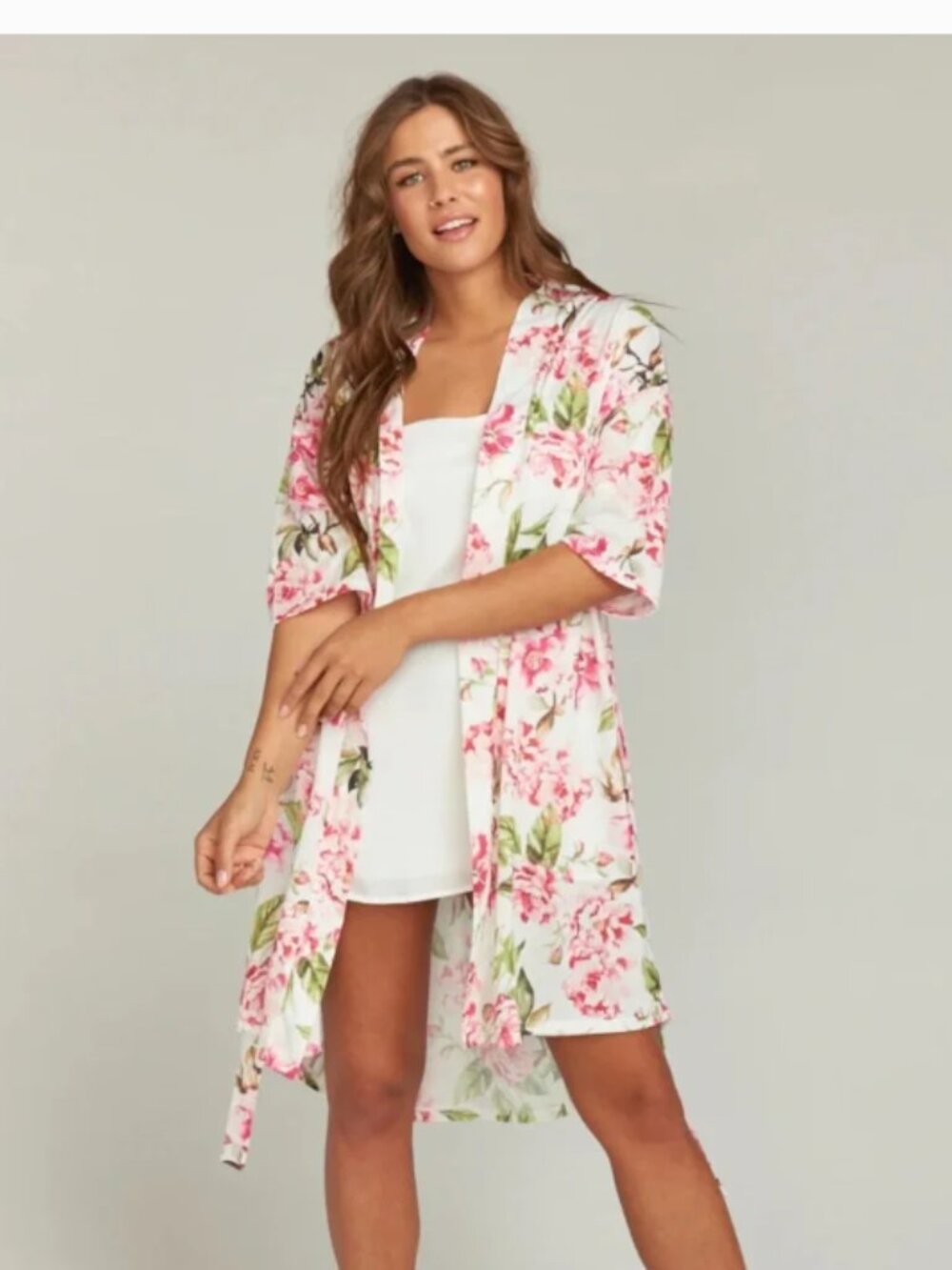Show Me Your Mumu Floral Short Robe O/S Lightweight Tie Belt Pink Green White